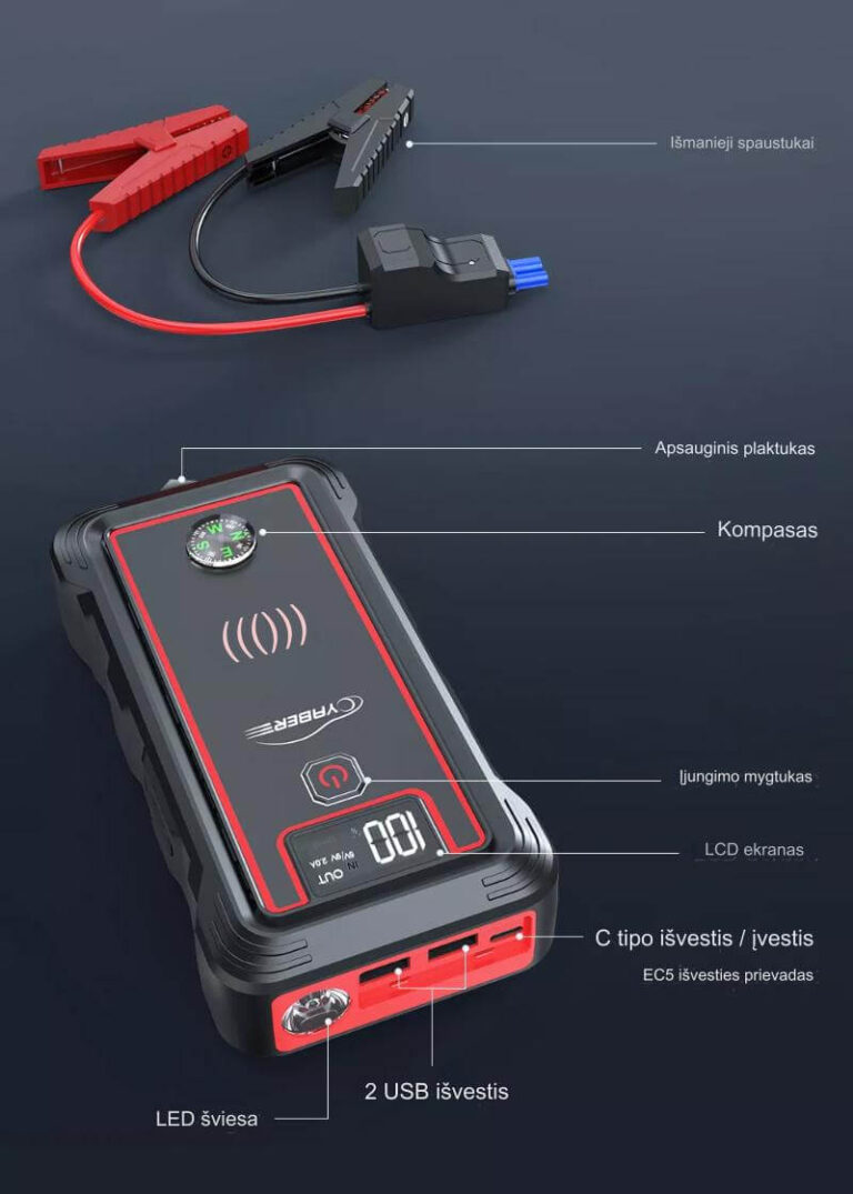 Krachtige Power Bank Autobatterij Booster Oplader 2500A 23800mAh met 10W draadloze oplader Užsisakykite Trendai.lt 8